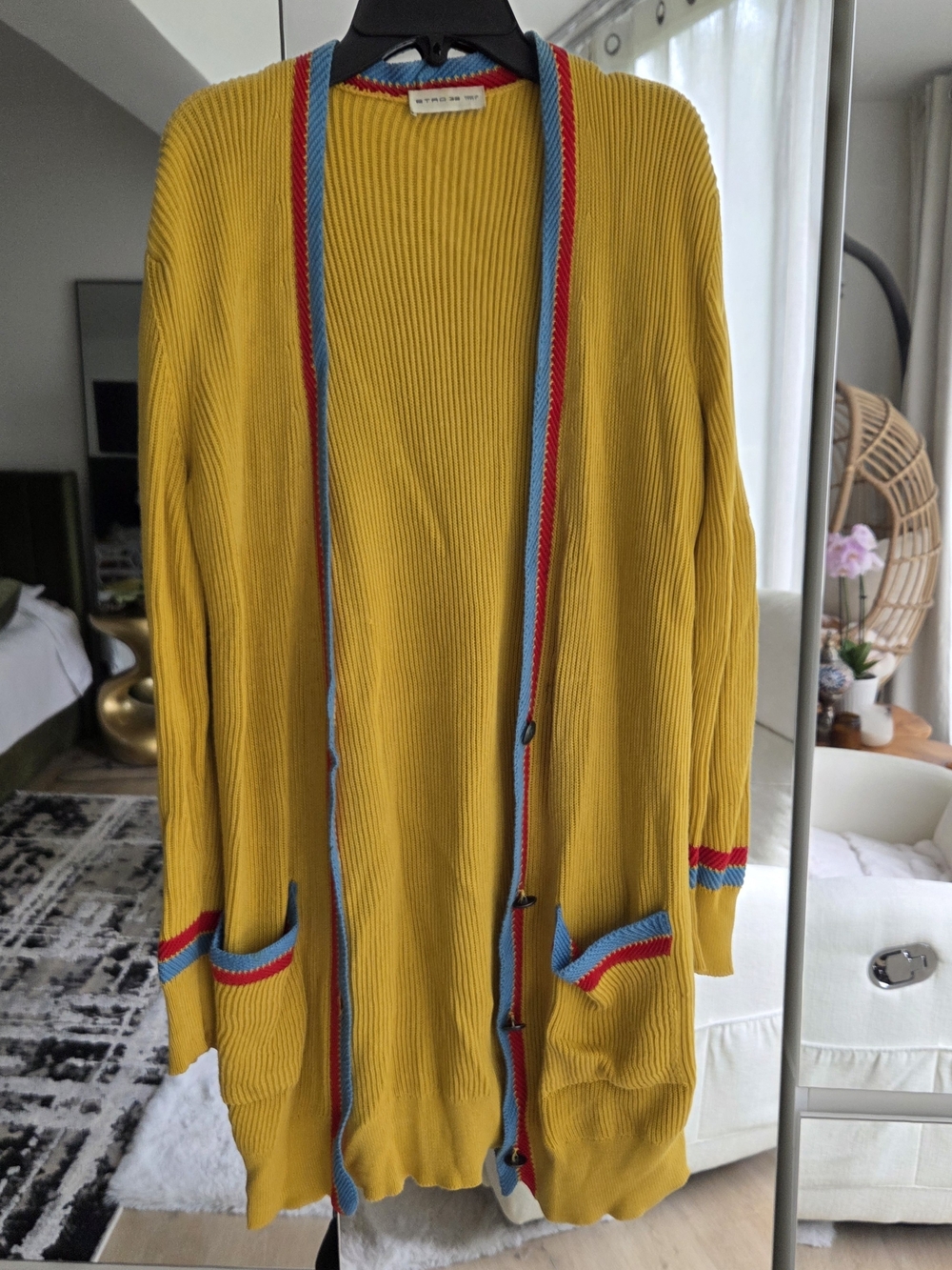 Etro Yellow Ribbed Open Cardigan with Blue and Red Trim